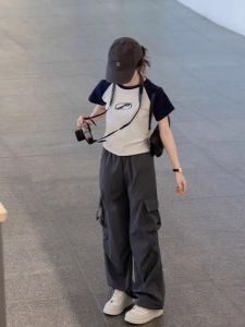 Quần Ống Rộng American Workwear Cho Nữ Mùa Thu Mỏng Màu Xám Thể Thao Nhanh Khô Quần Ống Đứng Cạp Cao