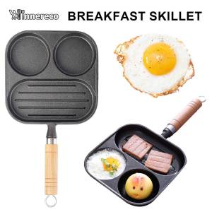 Two Hole 3 in 1 Frying Egg Pan Bacon Steak Grill Pan Cast Iron Omelette Pancake Maker Non-Stick Pan Skillet Egg Burger Maker Small Breakfast Frying Grill Pot Suitable for Eggs Pancakes & Mini Burgers Time-Saving Compact Breakfast Maker with Easy-Clean