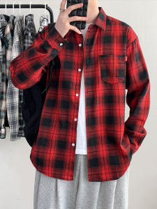 Japanese Style Plaid Shirt Mens Long Sleeves Spring and Autumn Retro Youth Sense Handsome Casual Overshirt Mens Raccoon