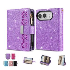 Bling Glitter Hollow Flower Zipper Wallet PU Leather Flip Phone Case For iPhone Duo Multi Card Slots Magnetic Buckle Kickstand Shockproof Protective Cover For Women Girls