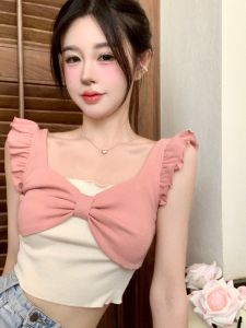 Áo Thun Nữ Tay Ngắn Cổ Chữ V Dáng Ôm Mùa Hè 2022 Áo Thun Tay Ngắn Hở Bụng Thiết Kế Bướm Giả Hai Mảnh