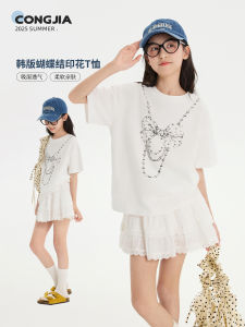 Girls Butterfly Knot Printed T-Shirt Summer Thin Loose Casual Half Sleeve Korean Style Cotton Top for Children