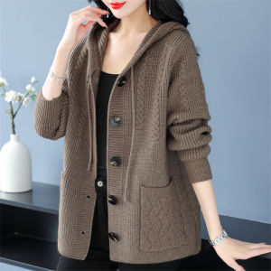 Autumn Knitted Woolen Open Cardigan Loose Womens Outerwear Hooded Sweater Jacket Commute Style Fashionable New Arrival