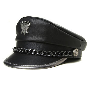 Banchugw 2025 2023 Winter Men‘s Genuine Leather Hat Male Flat Top Badge Locomotive Retro Military Caps Students Punk Cortical Chain