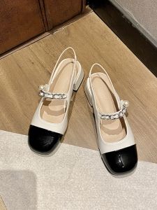 2025 New Womens Sandals Universal Cover Head Small Fragrance Style Mary Jane mid Heel Half Slip French Single Shoe Fairy