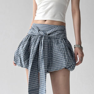 MUYUZI | High Waist Slim Fit Plaid Puff Shorts