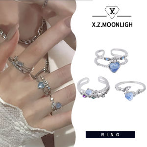 X.Z.MOONLIGH Aquamarine Heart Moonstone Valentines Ring Exquisite Blue Love Design Elegant Jewelry Ideal Romantic Gift