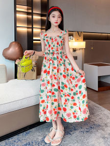 Fashionable Summer Childrens Dress with Suspenders 2024 New Style Floral Pattern Versatile Casual Daily Wear for Girls