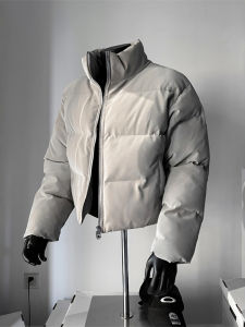 Retro American Short Mens Grey Cotton Jacket Thickened Stand Collar Three-Proof Bread Coat Warm Winter Outerwear