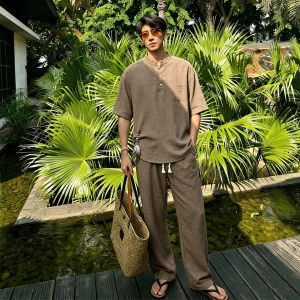 OUMULONG | Cafe Colored Vintage Style Linen Summer Mens Short Sleeve T-Shirt Thin Loose Casual Pants Set