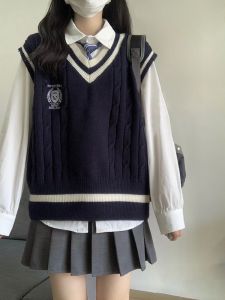 Preppy Style Suit Womens Spring & Fall New Arrival Waistcoat Bandage Dress Knitted Vest Long Sleeves Shirt Pleated Skirt Three-Piece Set