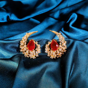 SEQUITO Charming Female Gold Plated Moon Shape Pave Setting Red Water Drop Cut AAAAA Cubic Zirconia Stud Earrings SE1022