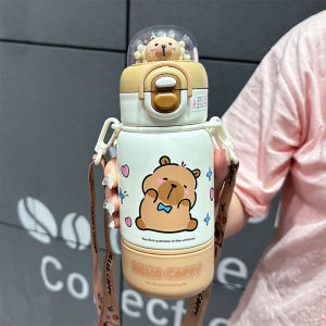 ถ้วยน้ำสแตนเลสแบบมีด้ามจับเดินทางสำหรับเด็ก ถ้วยน้ำร้อน/เย็นแบบอัตโนมัติสำหรับนักเรียน ดื่มได้สองทาง ดีไซน์น่ารัก