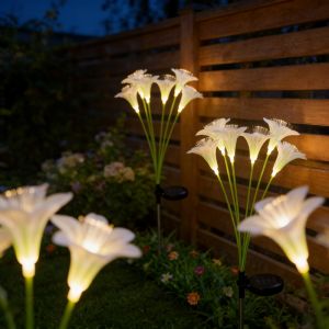 Solar Powered Lily Flower Stake Lights Fiber Optic LED Outdoor Garden Decor Lawn Lamps Waterproof Pathway Patio Yard Light
