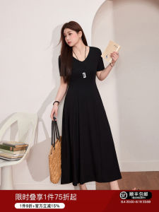 Elegant Plus Size Womens Dress Black V-neck Waist Accentuating Stretch Summer Dress