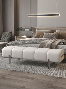 Genuine Leather Bedside Bench Minimalist Long Sofa Bench Soft Padded Bedroom Furniture Wooden Structure Luxury Design Adult Seat