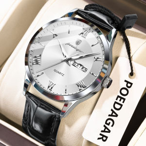 POEDAGAR Classic Luxury Mens Wristwatch Date Week Leather Business Man Watch Waterproof Luminous Fashion Quartz Watches For Men