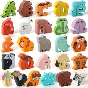 52pcs Wooden Alphabet & Animal Peg Puzzle Set – ABC Matching Game for Kids Ages 3-5 Early Learning Educational Toy Montessori-Inspired Gift for Toddlers