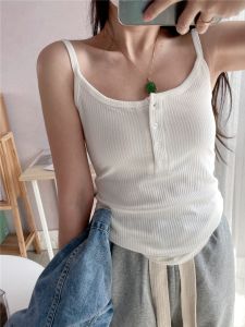 เสื้อกล้ามสายเดี่ยวคอตตอนเซ็กซี่สำหรับผู้หญิง ทรงเข้ารูป แขนกุด ปกโปโล ดีไซน์กระดุม สไตล์เกาหลี ฤดูร้อน 2025