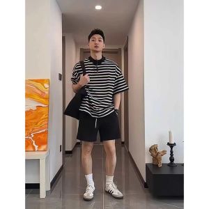 Mens Black White Striped Short Sleeve T-Shirt Casual Pure Cotton Half Sleeve Summer Fashionable Loose Fit round Neck Tee