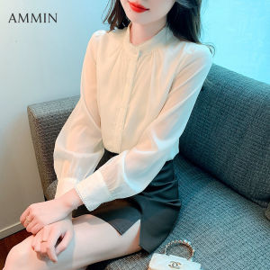 重点词汇 41/5000 传统翻译模型 通用场景 AMMIN 2023 autumn new long-sleeved leisure commuter premium touch beaded round neck chiffon shirt For women