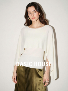 Basic House | Off-Shoulder Fake Two-Piece Lightweight 100% Tencel Knit Poncho