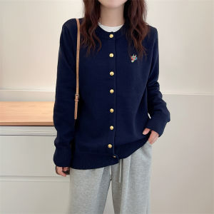 เสื้อสเวตเตอร์คาร์ดิแกนคอตั้งปักลายหัวม้าสีแดงสำหรับผู้หญิงไซส์ใหญ่ในฤดูใบไม้ร่วงและฤดูหนาว เสื้อคลุมกันหนาวแบบสวมสบาย