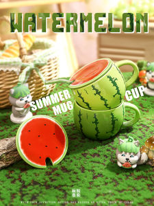 Creative Cartoon Watermelon Ceramic Mug Large Capacity Drinking Cup with Straw for Office Use Home Living Room Water Bottle