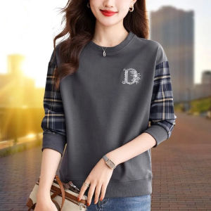 Pure Cotton Patchwork Sweatshirt Womens Spring Autumn Loose Casual Long Sleeve Short Style Base Shirt Top Korean Style round Neck