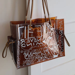 Spring Summer Trendy Graffiti Womens Large Capacity Transparent Jelly Tote Bag Fashionable Design Unique Shoulder Handbag