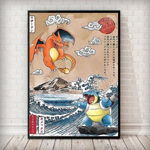 Kayou | AZNM Pokemon Ukiyo-e Style Canvas Wall Print Unframed Charizard Blastoise Ho-oh Lugia Anime Pocket Monster Art Poster