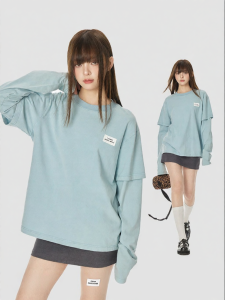 Turn Signal | Layered Long Sleeve T-shirt Cotton Loose Round Neck