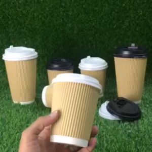 50pcs 8oz/16oz Yellow Vertical Rippled Wall Double Wall Coffee Paper Cup with Flip Lid