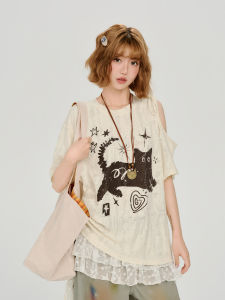 Giryhalo | American Vintage Cat Print Off-Shoulder Loose Womens Short Sleeve T-shirt
