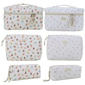 MOJOYCE 3PCS Travel Makeup Bag Women Cotton Quilted Makeup Bag Large Travel Cosmetic Bag Aesthetic Cute Kawaii Bear/Strawberry Makeup Bag for Women Women