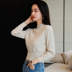 เสื้อสเวตเตอร์ถักคอสูงครึ่งตัวสั้นสำหรับผู้หญิง แขนยาว เสื้อชั้นใน ทรงเข้ารูป ฤดูใบไม้ร่วง/ฤดูหนาว เสื้อชั้นในถักแบบหนา