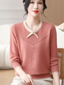 เสื้อสเวตเตอร์ถักแขนยาวหลวมๆ สำหรับผู้หญิง ฤดูใบไม้ผลิและฤดูใบไม้ร่วง เสื้อชั้นในผู้หญิงวัยกลางคนและผู้สูงอายุ เสื้อผ้าทำงานสไตล์เกาหลี