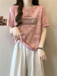 T-Shirt Shoulder Short Sleeve Womens Print Letters Embroider Plus Size Womens Clothing Loose Belly-Covering Figure Flattering round-Neck Blouse Summer