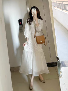 Liangliang Heavy Industry Lace Embroidered Dress Womens Spring New Style French Noble Splicing Lace Long Skirt High Waist Long Sleeve