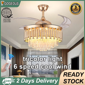 Gogeous crystal ceiling fan with light modern design 42 inch crystal chandelier with fan 3 color dimming 6 speed wind crystal ceiling fan with led light chandelier fan for living room dining room Lobby bedroom