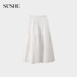SUSHE | Elegant White Floral Embroidery A-Line Skirt