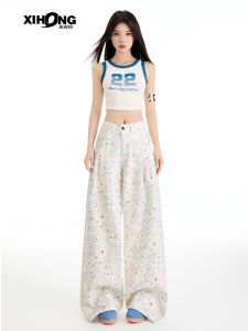 Quần Jeans Denim Ống Rộng Màu Trắng in Graffiti Cho Nữ Quần Dài Thường Ngày Cạp Cao Ôm Dáng Quần Dài Mùa Xuân Mùa Hè