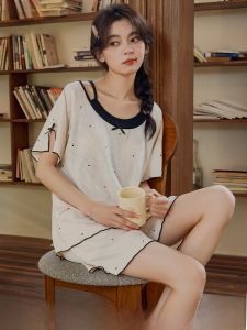 MiiOW | ชุดนอนผู้หญิง Catman แขนสั้นพร้อมแผ่นเสริมหน้าอก ชุดนอนฤดูร้อน ชุดสองชิ้น ชุดนอนลำลอง ชุดอยู่บ้าน ชุดทำงาน ชุดทำงาน ชุดทำงาน