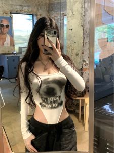 American Spicy White Long Sleeve Slim Fit T-shirt Womens Street Style Creative Print Inner Wear Cool Sweet Top