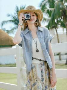 XIANGYING | Summer New Style Loose Boho Short Sleeve Light Blue Shirt