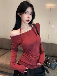 GUZILIAN | Slim Fit Long Sleeve Shoulder Bared Neck Design Knitted Base Shirt Womens Fashion Style Commute Style Korean Version T-Shirt