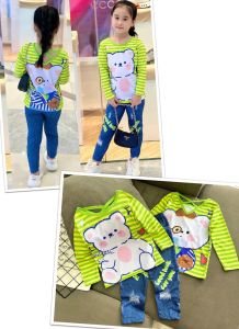 11-40kg Bộ tay dài quần dài bé gái áo thun gân 3D quần dài thun lạnh giả jeans siêu cưng!! 556