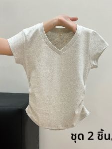 MiiOW | เสื้อยืดแขนสั้นทรงเข้ารูปสไตล์เกาหลีสำหรับผู้หญิงในฤดูร้อน เสื้อคอวีแขนกุดแบบเข้ารูปเอวสำหรับสวมใส่กลางแจ้ง