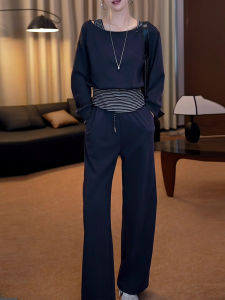 Shalldoer | Bộ đồ hai mảnh phong cách Hàn Quốc thường ngày cho nữ mùa thu mới kẻ sọc ghép vai hở vai quần ống rộng thời trang hợp thời trang