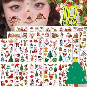 10 ชิ้น สติกเกอร์รอยสักคริสต์มาส / สติกเกอร์รอยสักต้นไม้เกล็ดหิมะลายการ์ตูนซานตาคลอส / สติกเกอร์รอยสักแต่งหน้าแขนและร่างกายสำหรับเด็ก / รอยสักชั่วคราวกันน้ำ